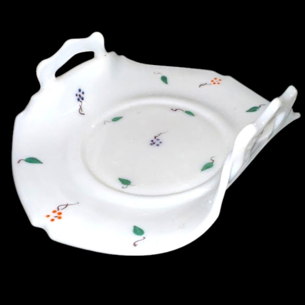 Vintage Hand Painted Florals White Lancaster Glass Co Double Handle Candy Dish